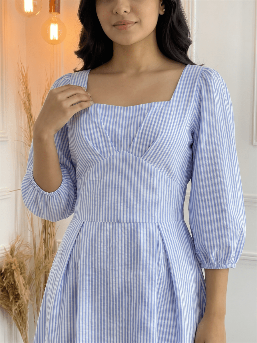 Blue & White Striped Square Neck Midi Dress