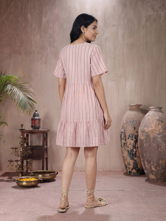 Blush Pink Striped V-Neck Tiered Dress