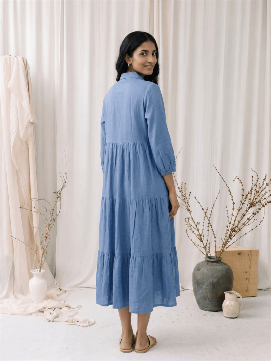 Blue Linen Tiered Midi Dress