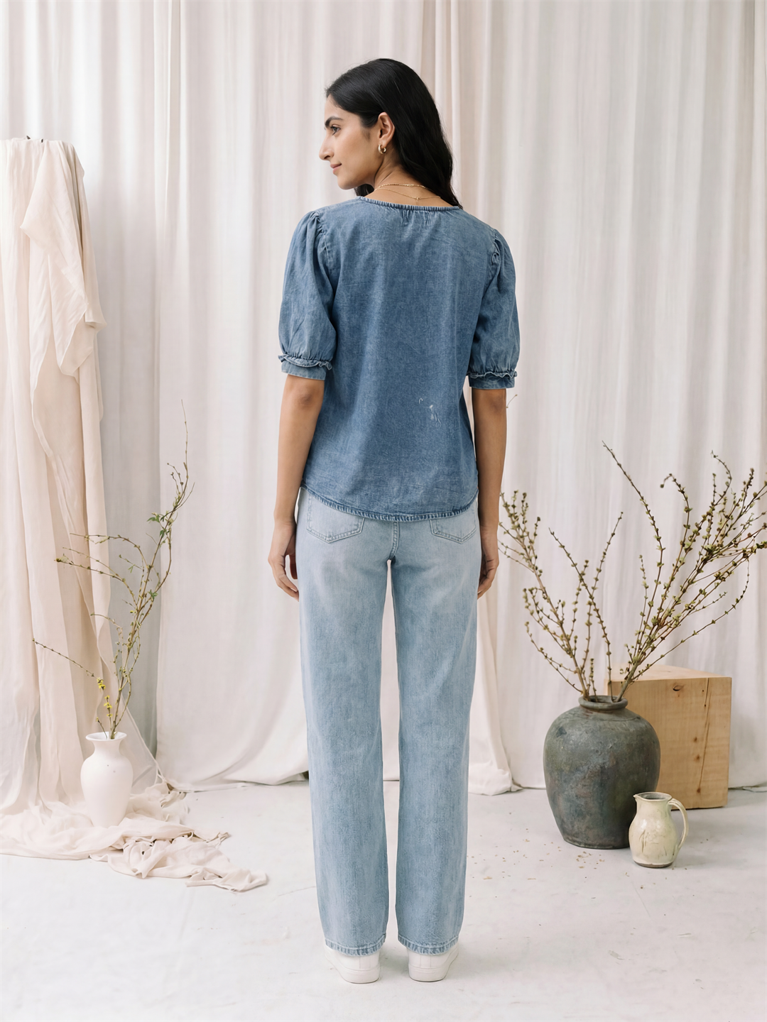 Denim V-Neck Top with Puff Sleeves