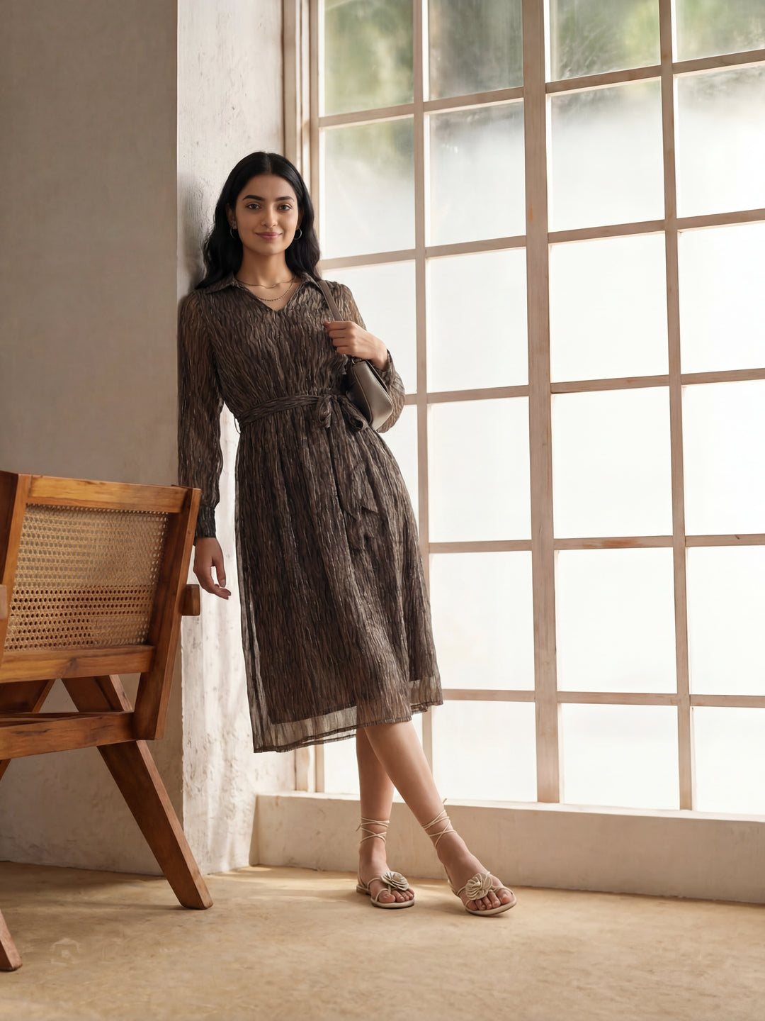 Green Elegant Print Tie-Up Dress