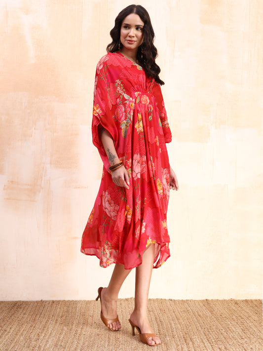 Pink Digital Floral Print Kaftan Midi Dress