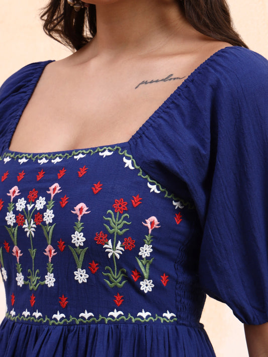 Blue Embroidered Tiered Midi Dress