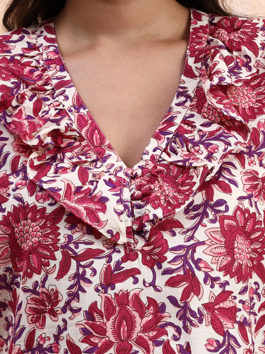 Off-White Floral Printed Peplum Top