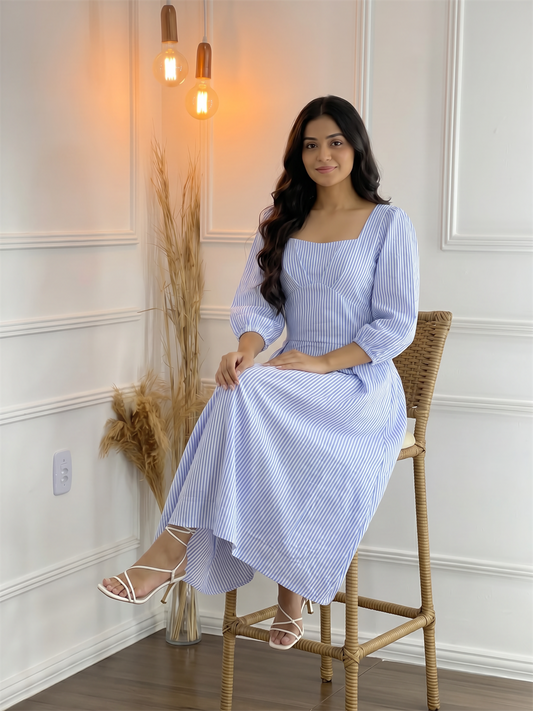 Blue & White Striped Square Neck Midi Dress