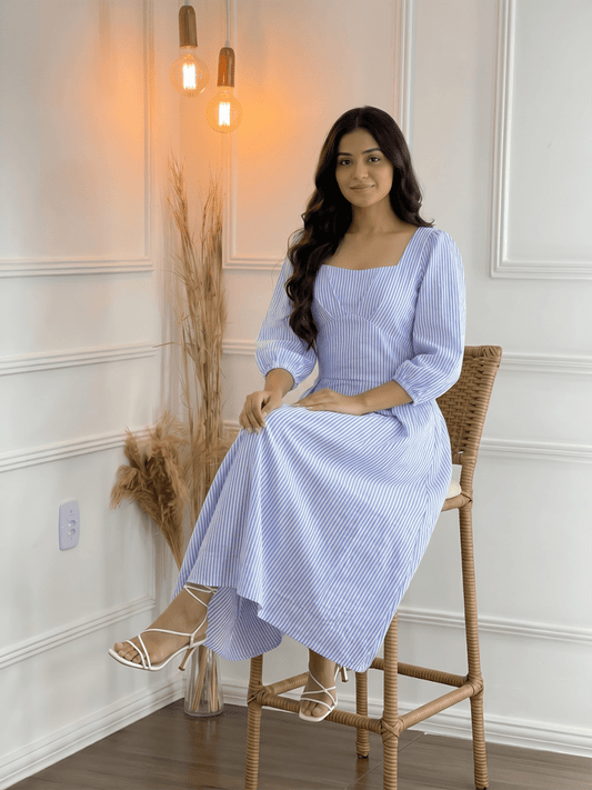 Blue & White Striped Square Neck Midi Dress