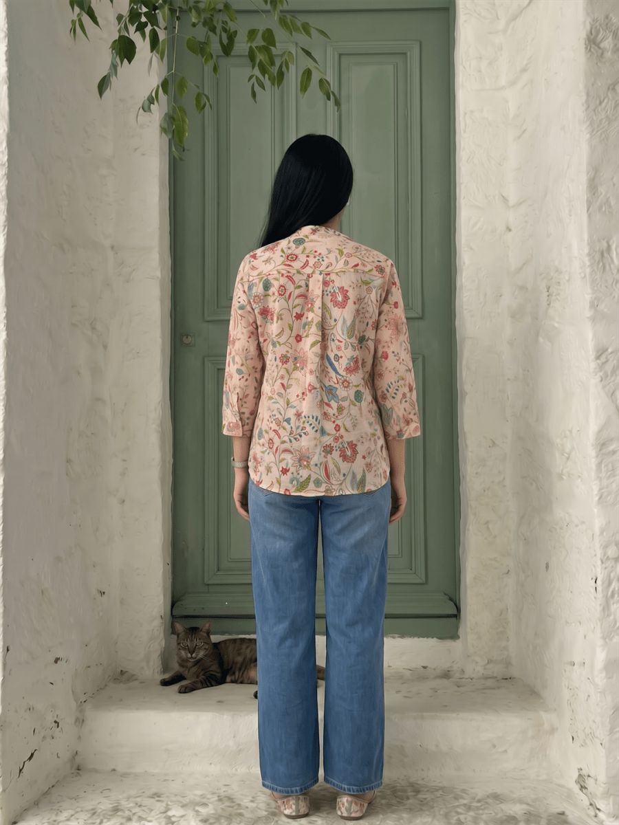 Peach Floral Digital Printed Button Down Top