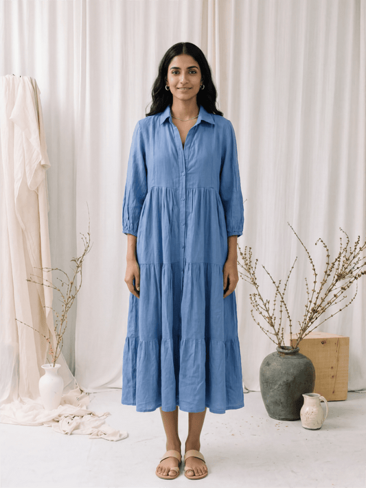 Blue Linen Tiered Midi Dress