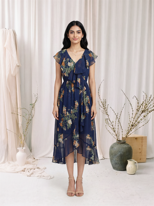 Navy Blue Floral Ruffle Maxi Dress