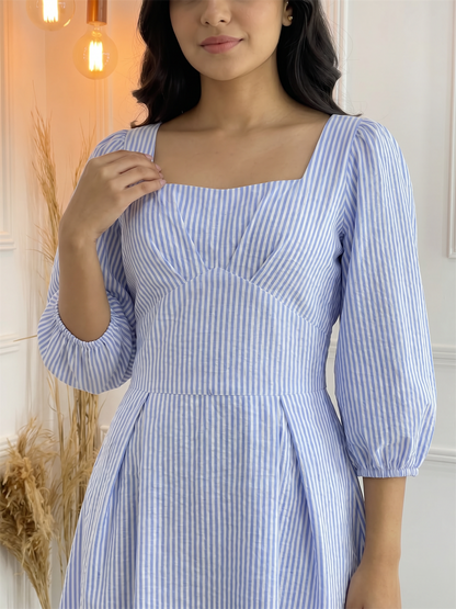 Blue & White Striped Square Neck Midi Dress