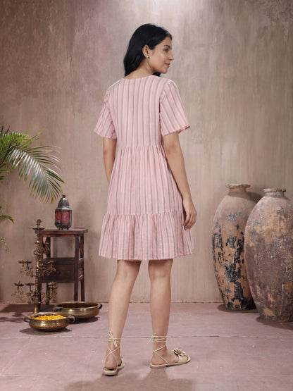 Blush Pink Striped V-Neck Tiered Dress