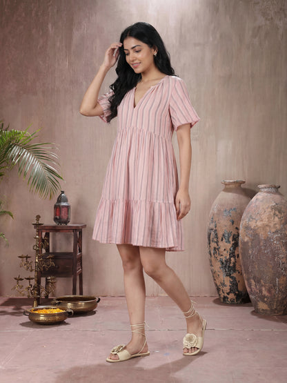 Blush Pink Striped V-Neck Tiered Dress