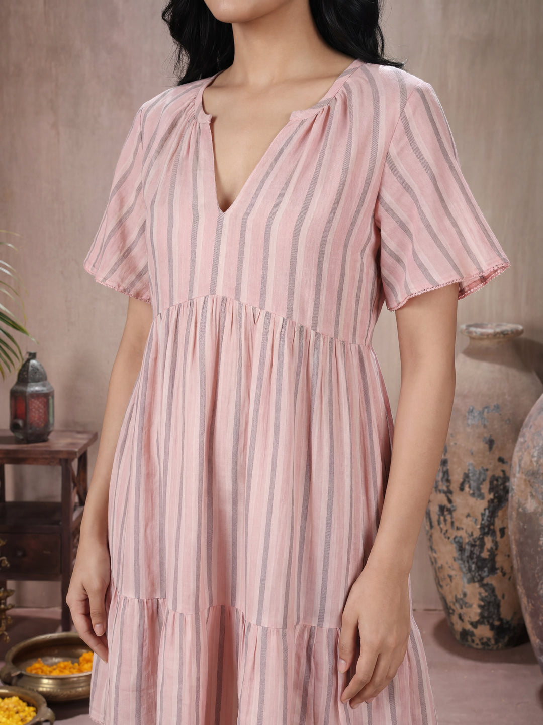 Blush Pink Striped V-Neck Tiered Dress