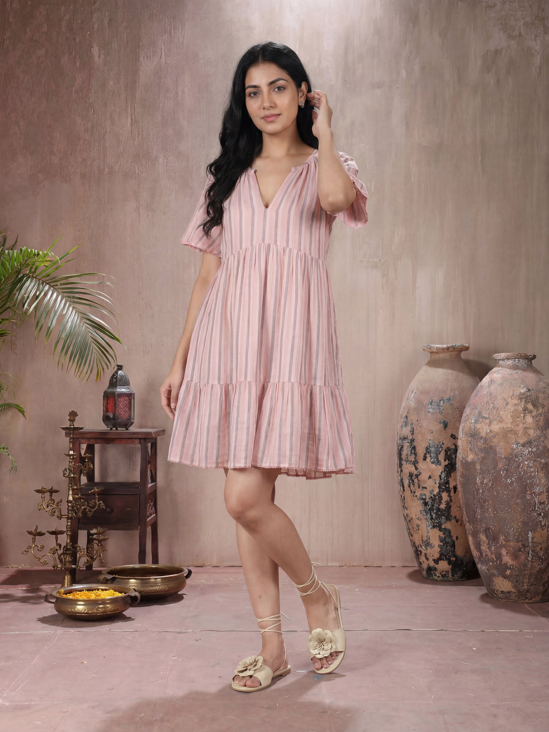 Blush Pink Striped V-Neck Tiered Dress