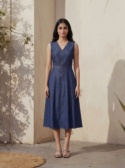 Denim Cut Sleeve Long Dress