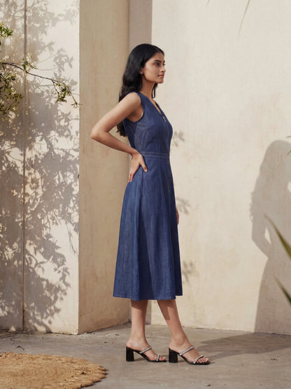 Denim Cut Sleeve Long Dress