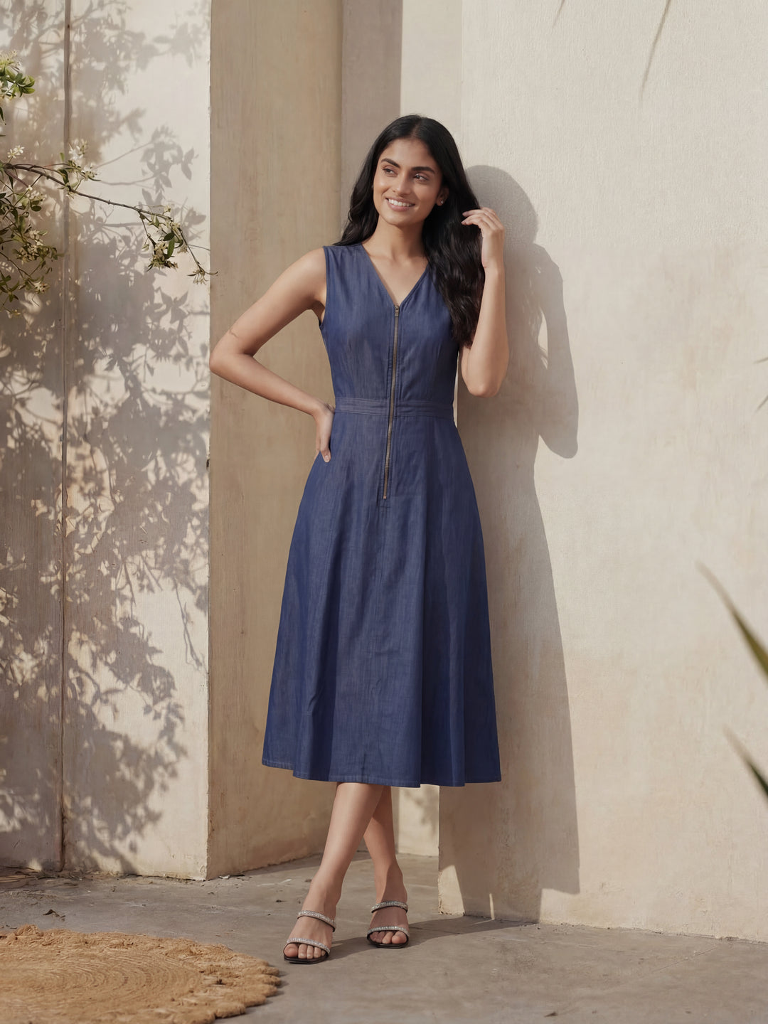 Denim Cut Sleeve Long Dress