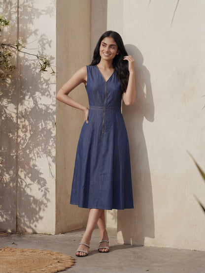 Denim Cut Sleeve Long Dress