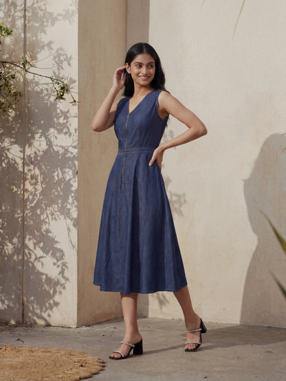 Denim Cut Sleeve Long Dress