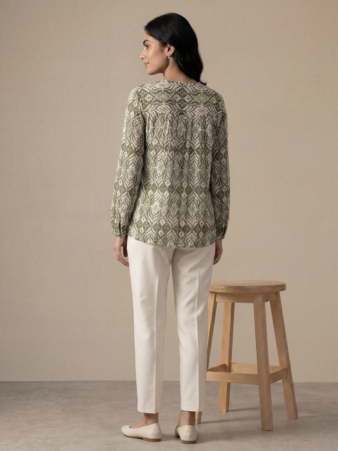 Olive Printed Tie-Up Top