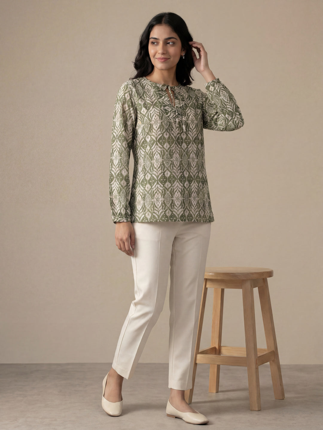 Olive Printed Tie-Up Top