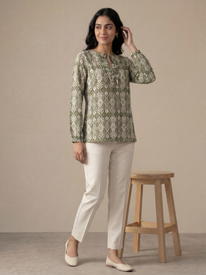 Olive Printed Tie-Up Top
