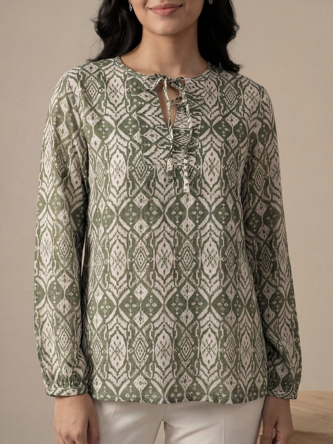 Olive Printed Tie-Up Top