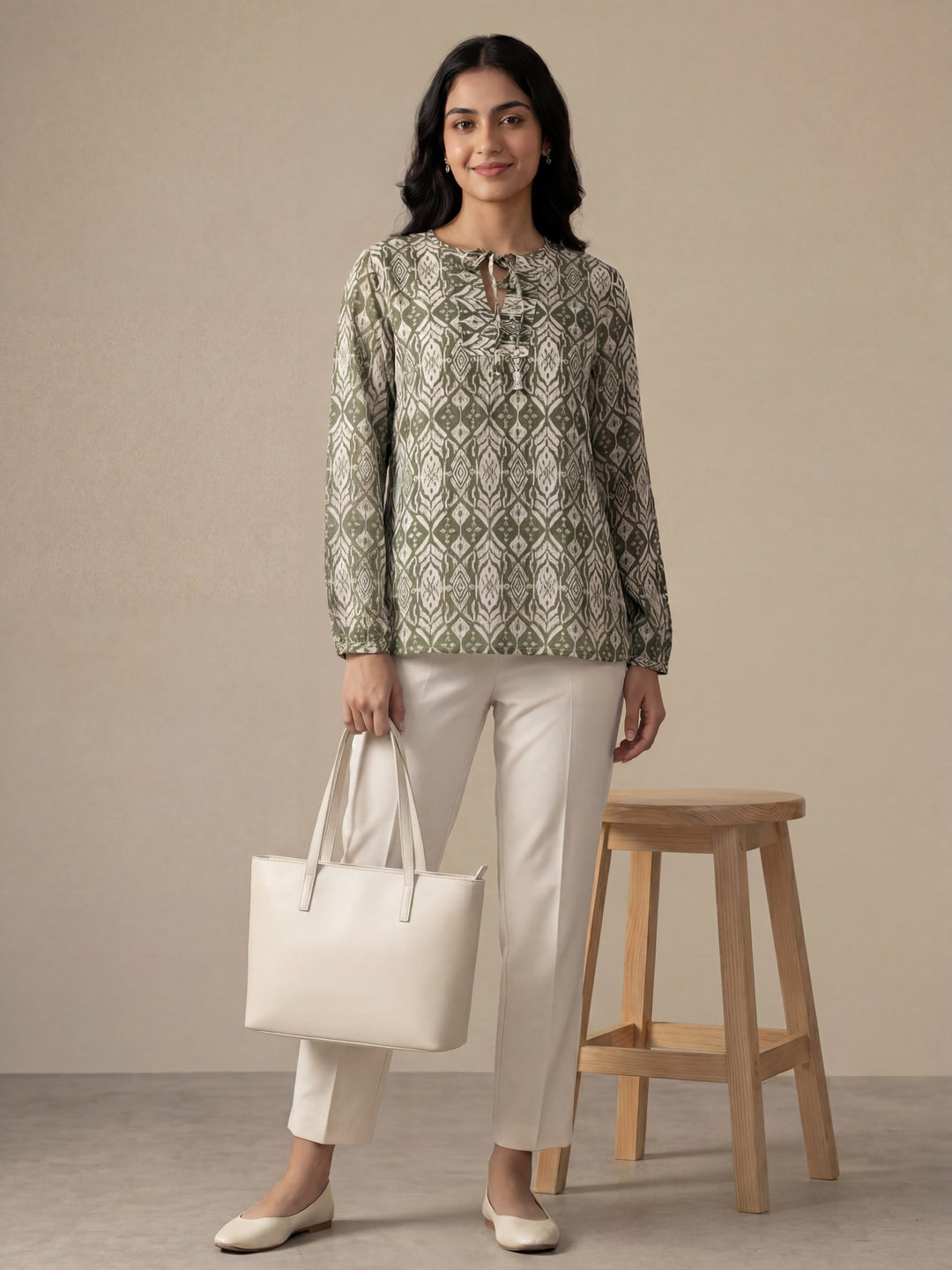 Olive Printed Tie-Up Top