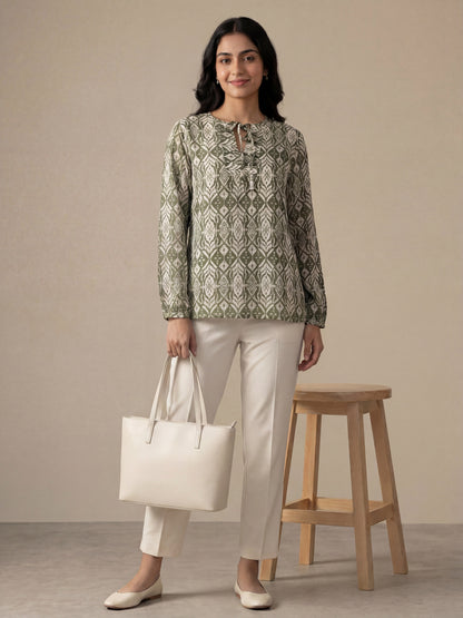 Olive Printed Tie-Up Top