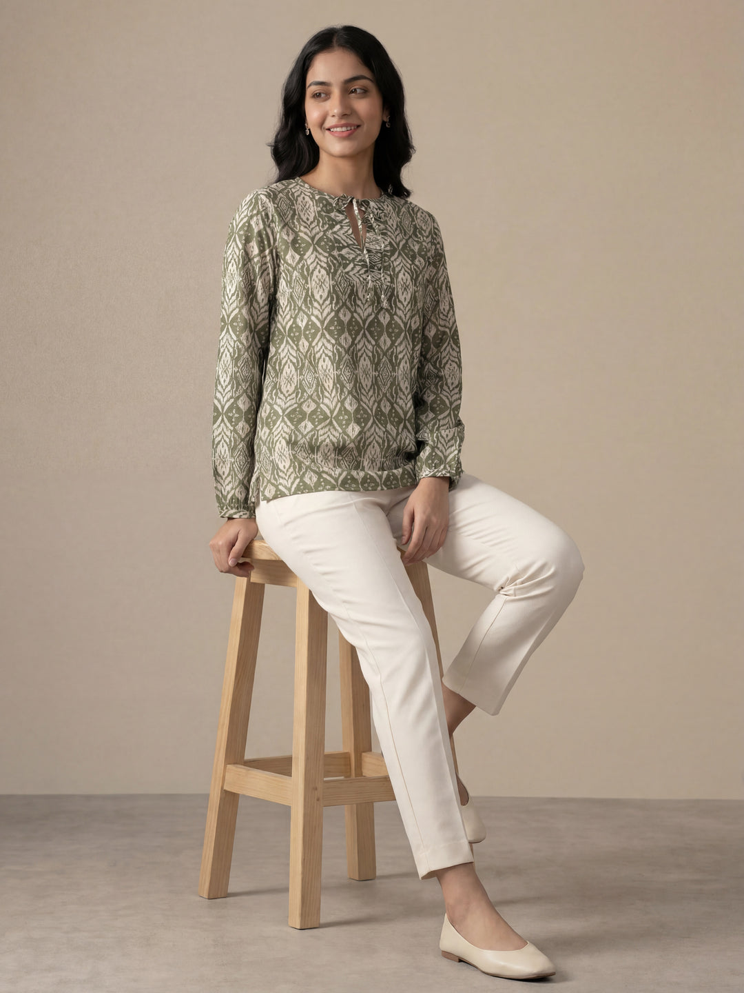 Olive Printed Tie-Up Top