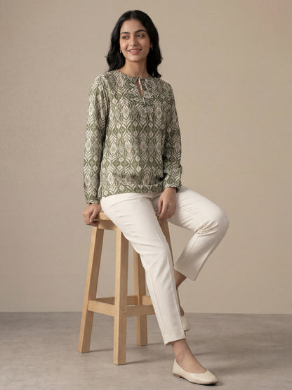 Olive Printed Tie-Up Top