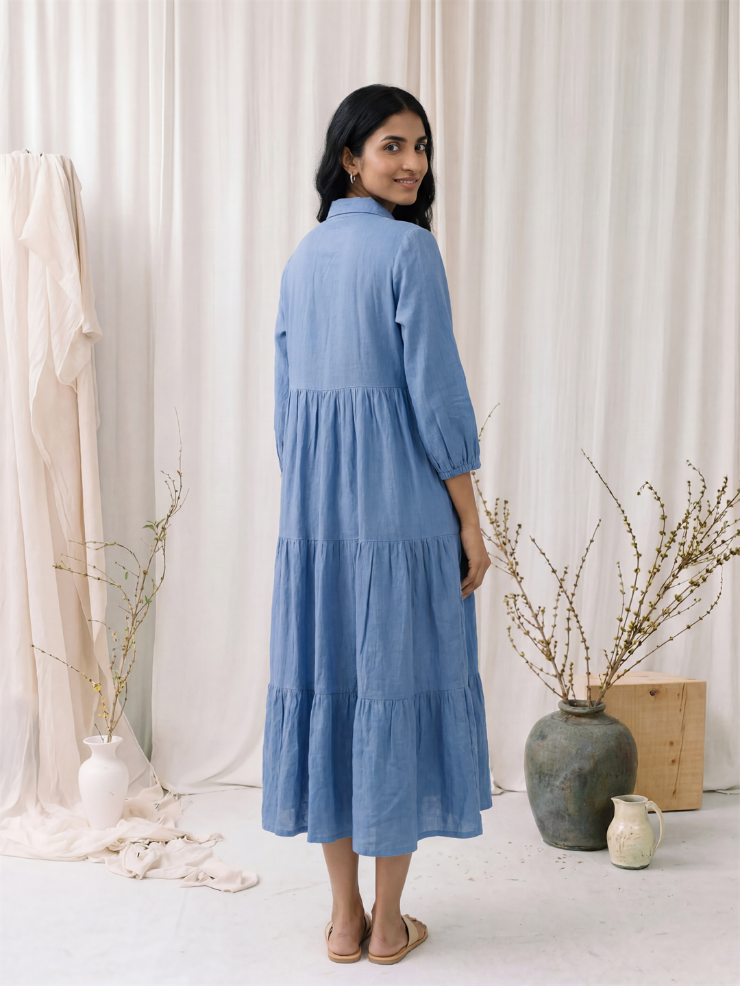Blue Linen Tiered Midi Dress