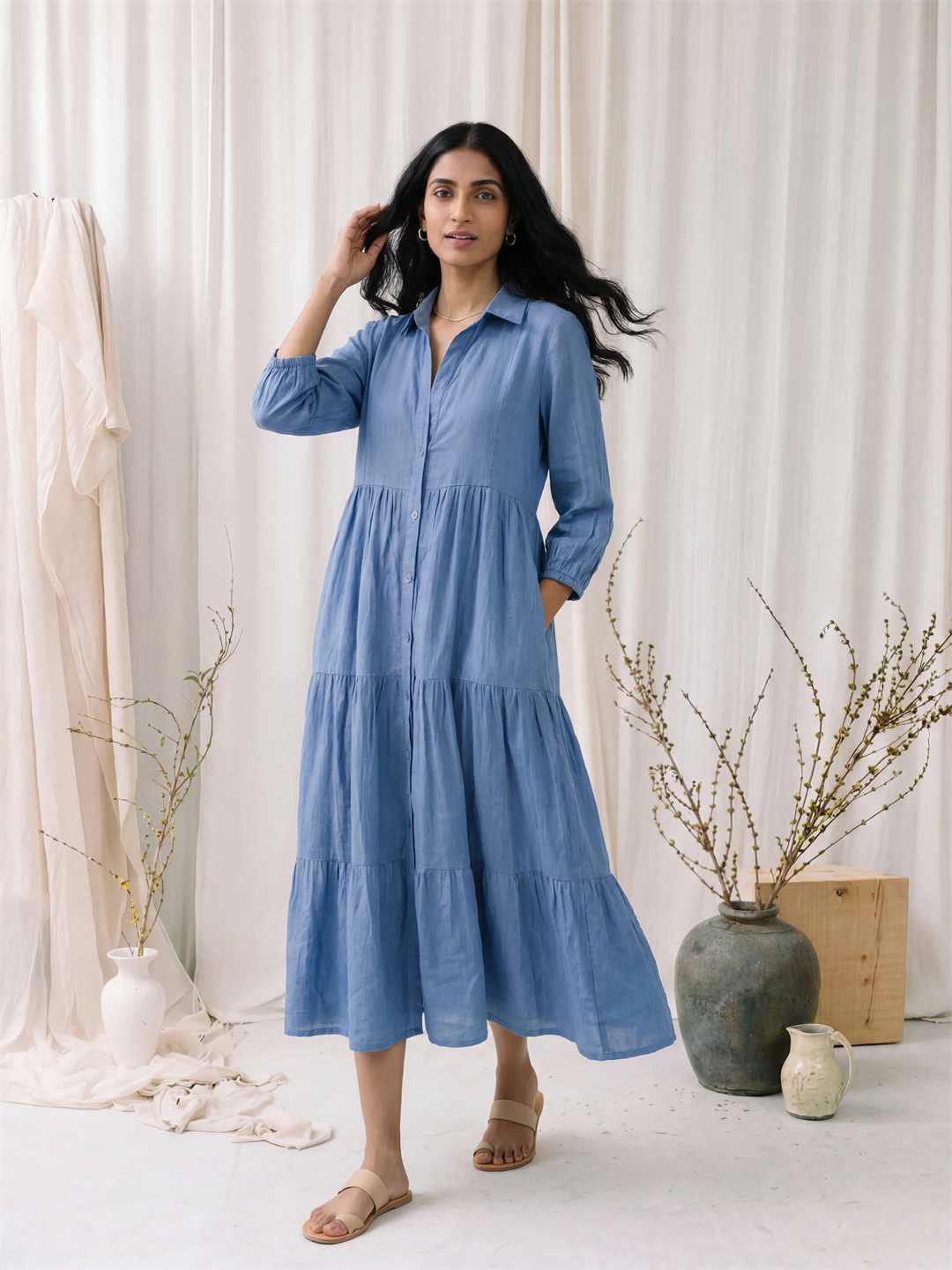 Blue Linen Tiered Midi Dress