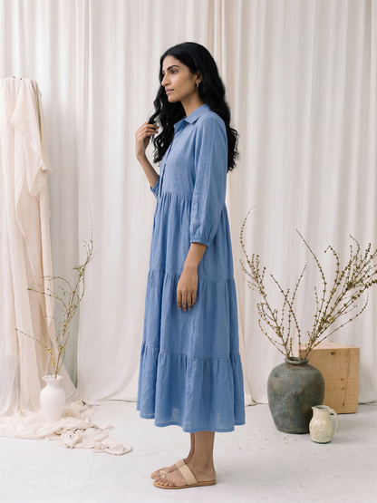 Blue Linen Tiered Midi Dress