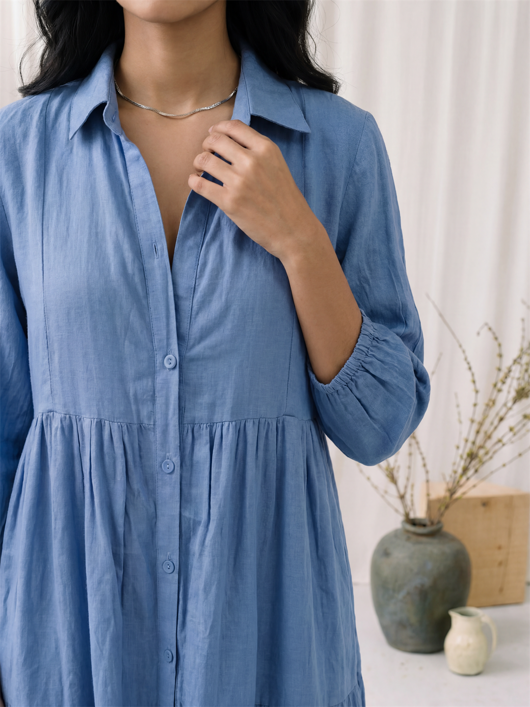 Blue Linen Tiered Midi Dress