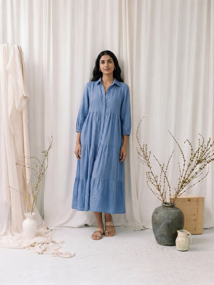 Blue Linen Tiered Midi Dress