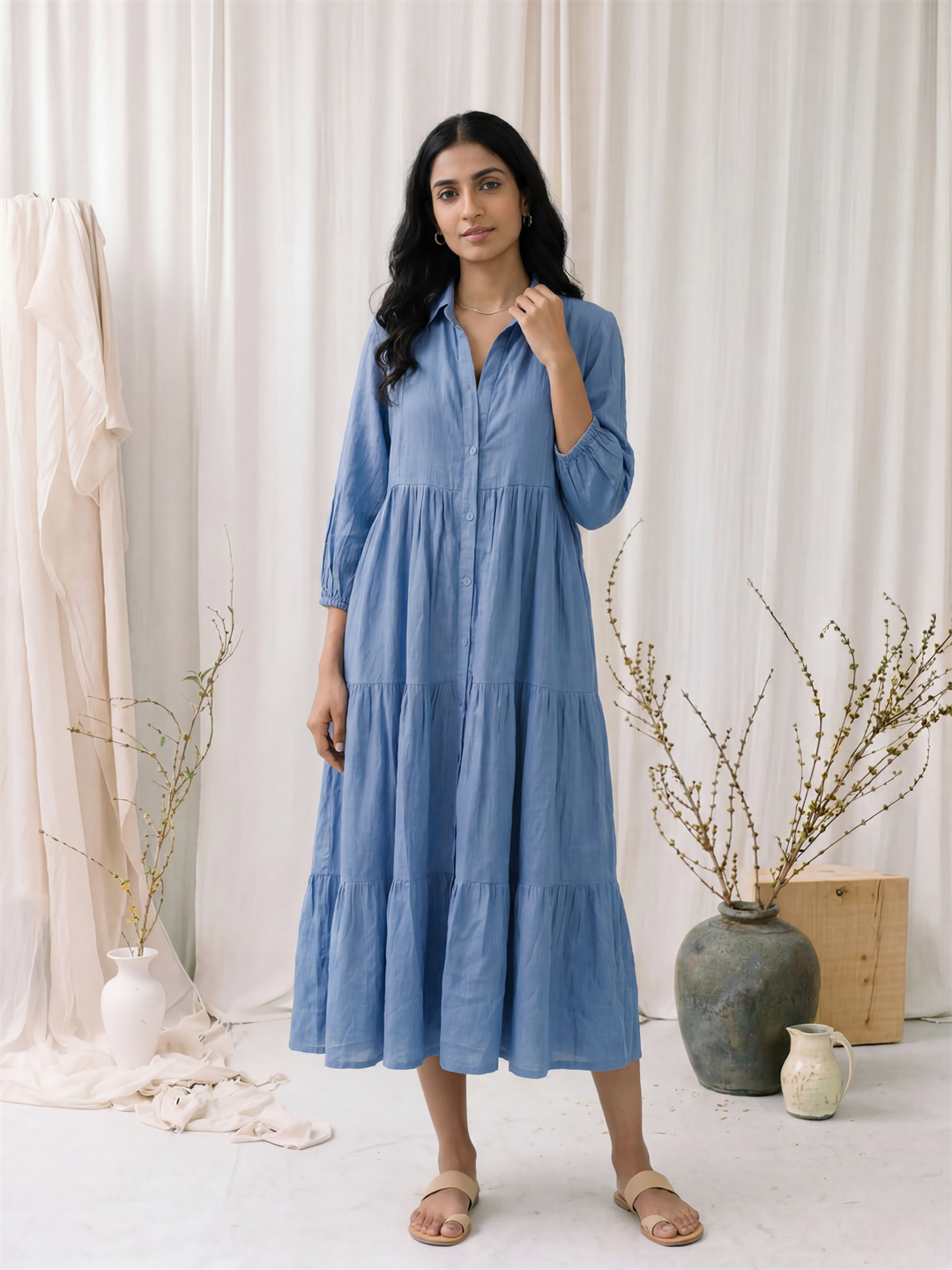 Blue Linen Tiered Midi Dress