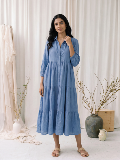 Blue Linen Tiered Midi Dress