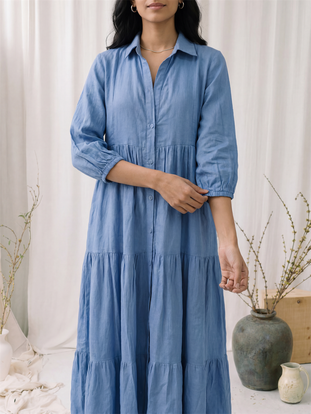 Blue Linen Tiered Midi Dress