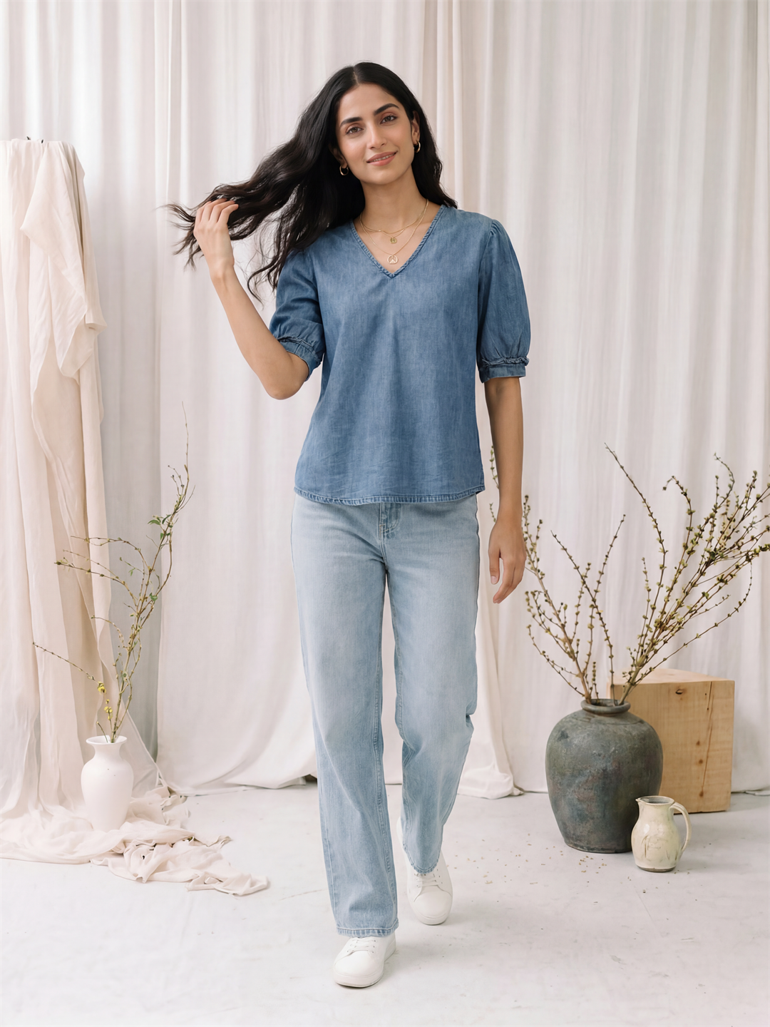 Denim V-Neck Top with Puff Sleeves