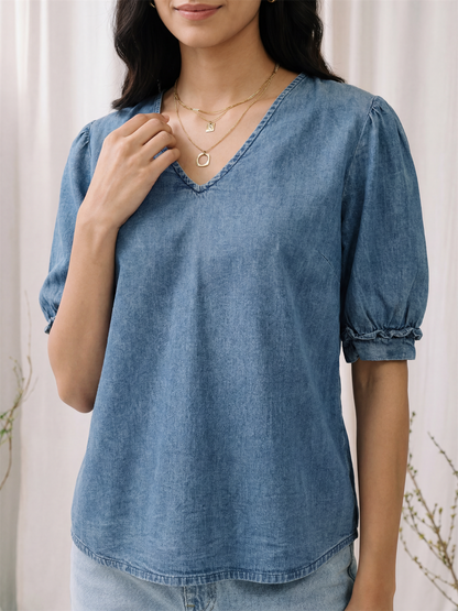 Denim V-Neck Top with Puff Sleeves