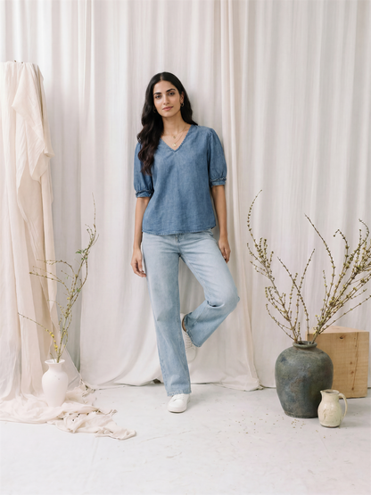 Denim V-Neck Top with Puff Sleeves