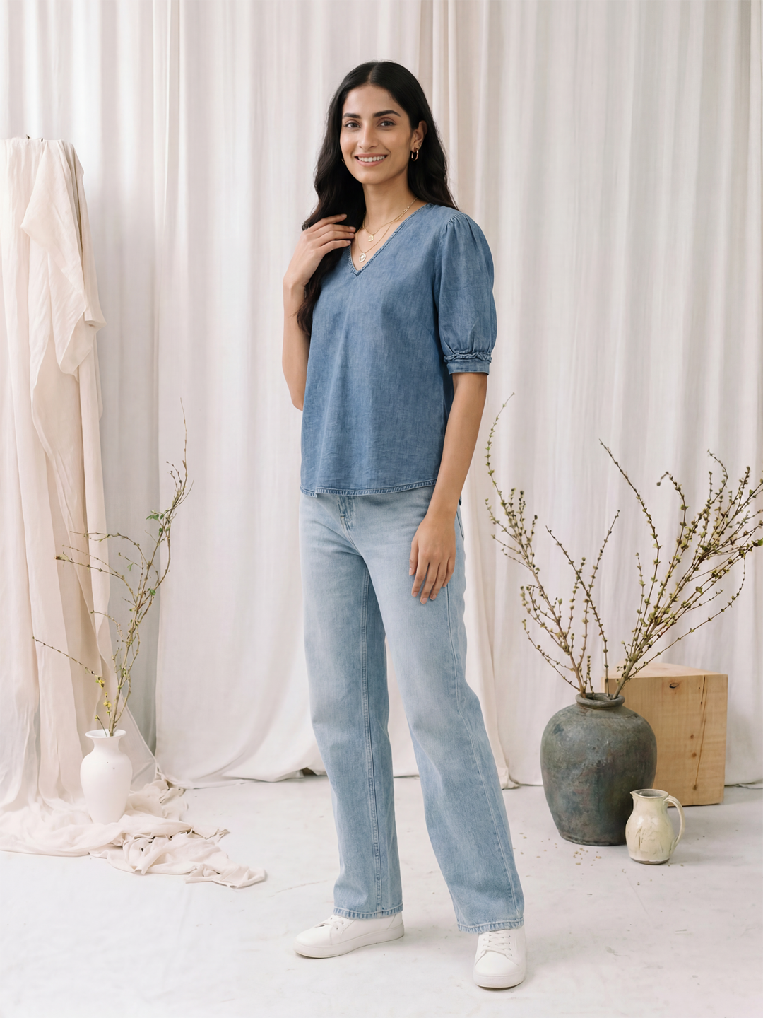 Denim V-Neck Top with Puff Sleeves