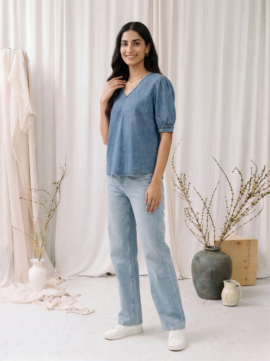 Denim V-Neck Top with Puff Sleeves