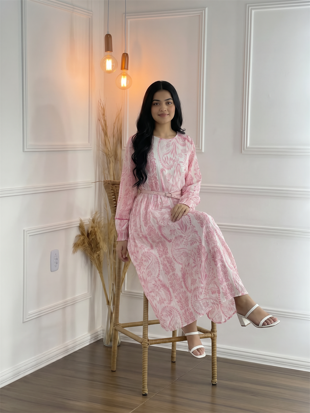 Pink Paisley Printed Long Sleeve Midi Dress