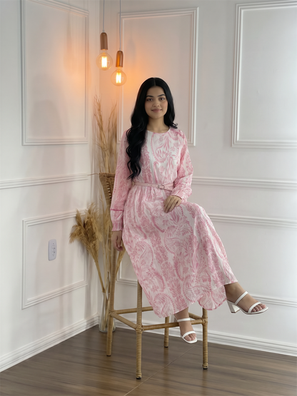 Pink Paisley Printed Long Sleeve Midi Dress