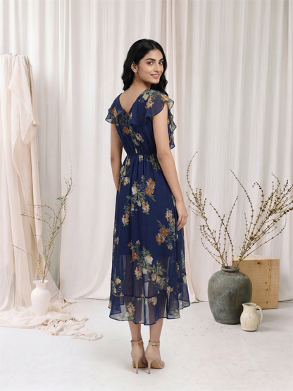 Navy Blue Floral Ruffle Maxi Dress