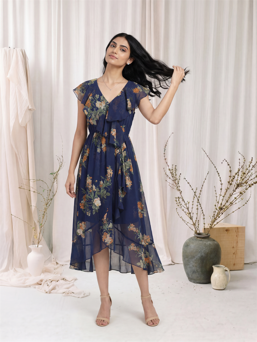 Navy Blue Floral Ruffle Maxi Dress