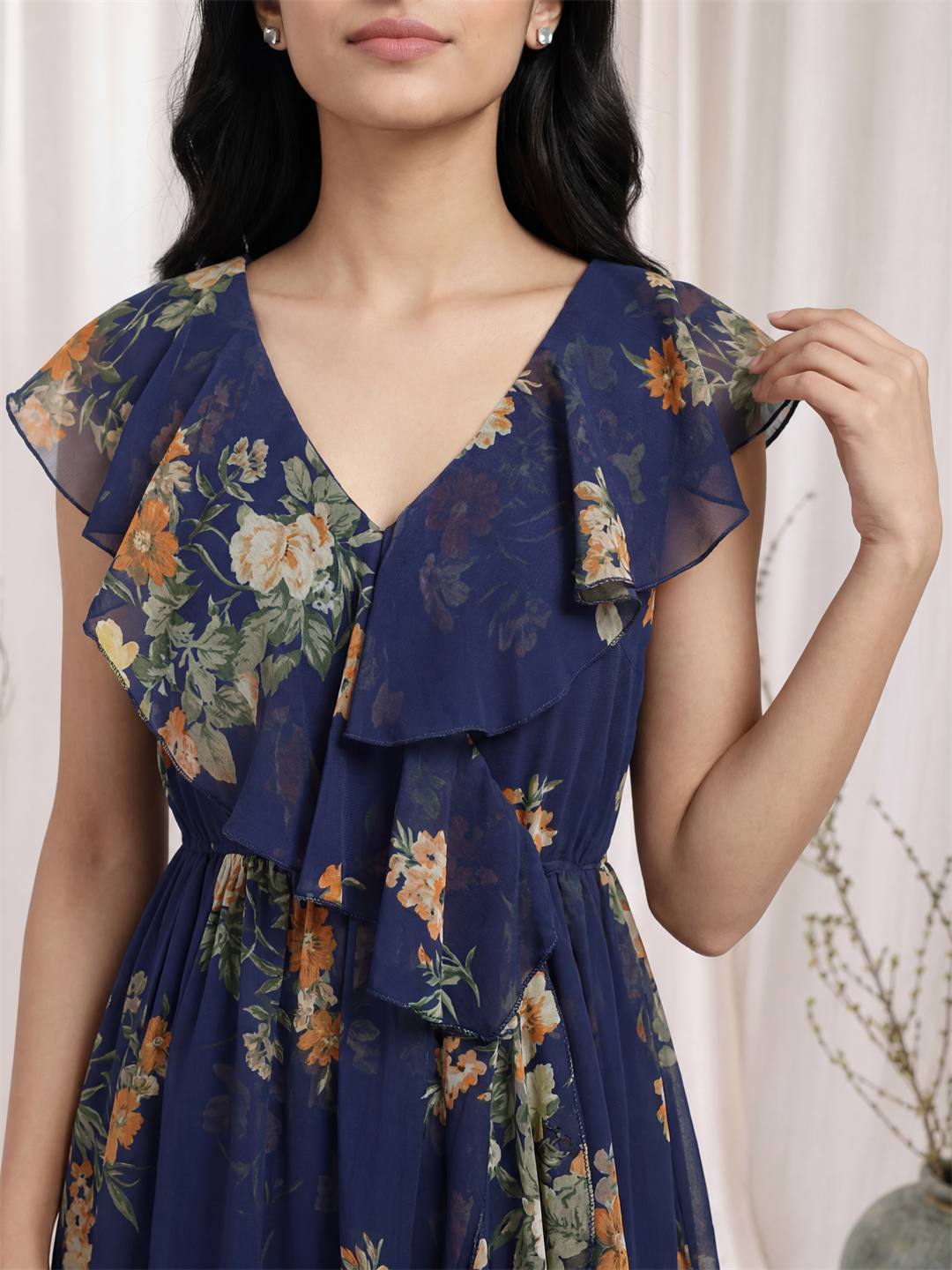 Navy Blue Floral Ruffle Maxi Dress