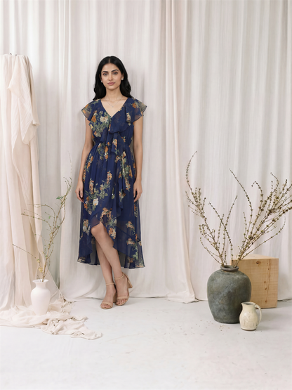Navy Blue Floral Ruffle Maxi Dress